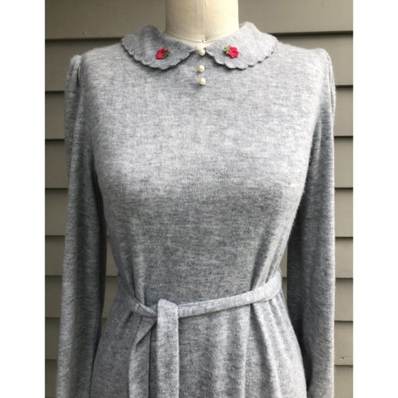 Vintage OOPS CALIFORNIA Coquette Gray Knit Puff Sleeve Belted Midi Dress XS/S - Picture 8 of 15